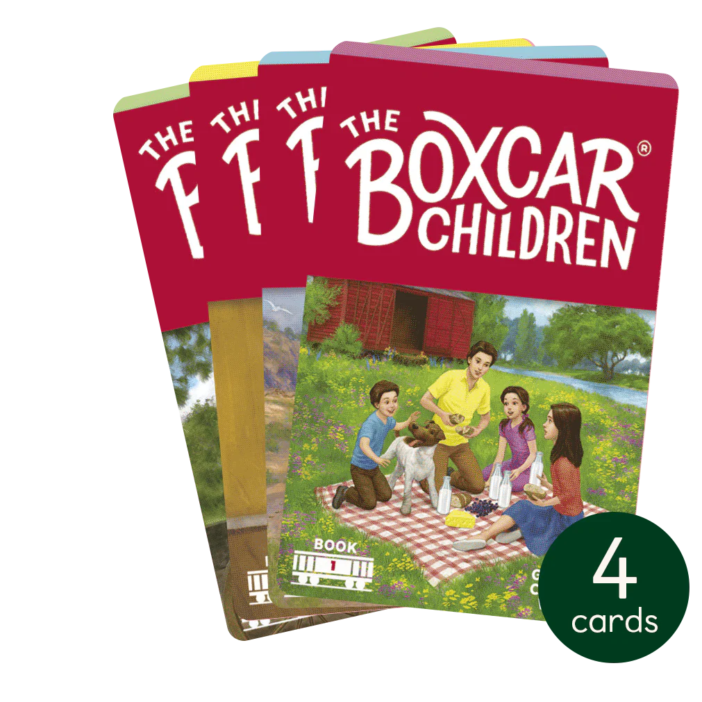 Stack of four The Boxcar Children story cards showing children with a dog having a picnic outdoors by a red boxcar