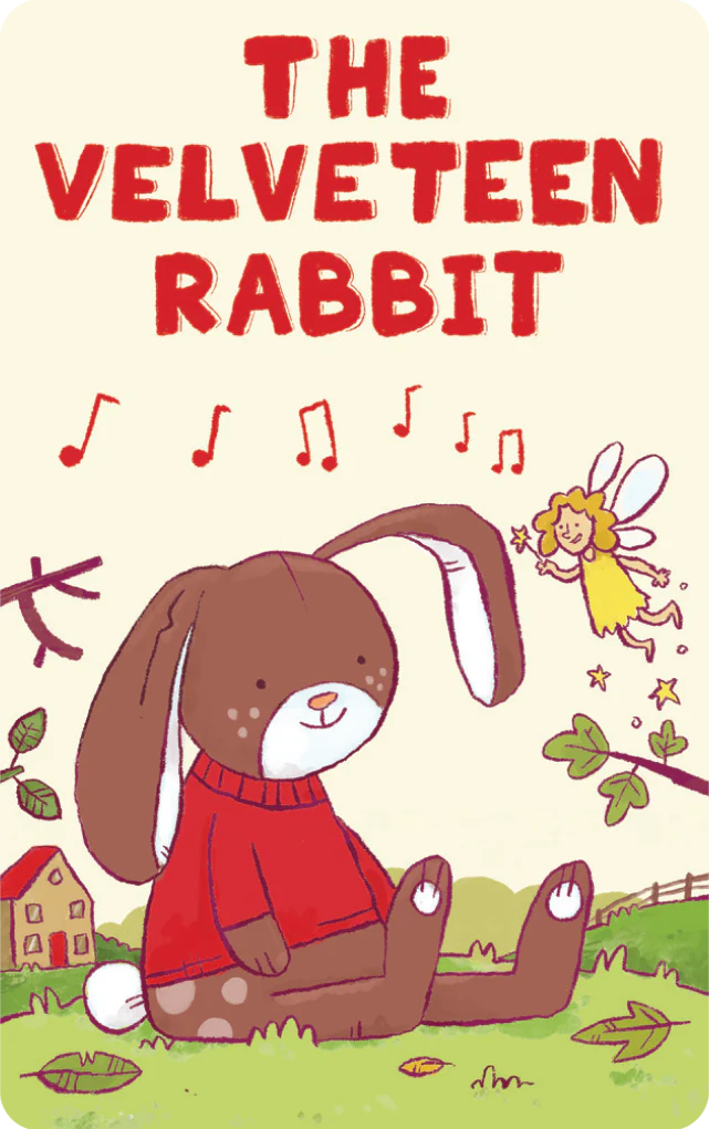 Illustration of a brown velveteen rabbit wearing a red sweater with a small fairy and musical notes above it