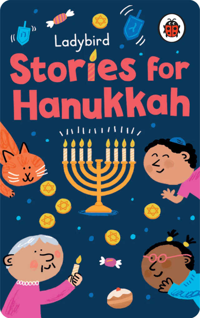Colorful illustration of children, a cat, and a menorah celebrating Hanukkah with gelt and dreidels around them
