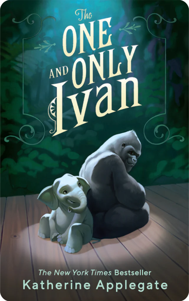 Cover of The One and Only Ivan showing Ivan the gorilla and a baby elephant sitting together on a wooden floor