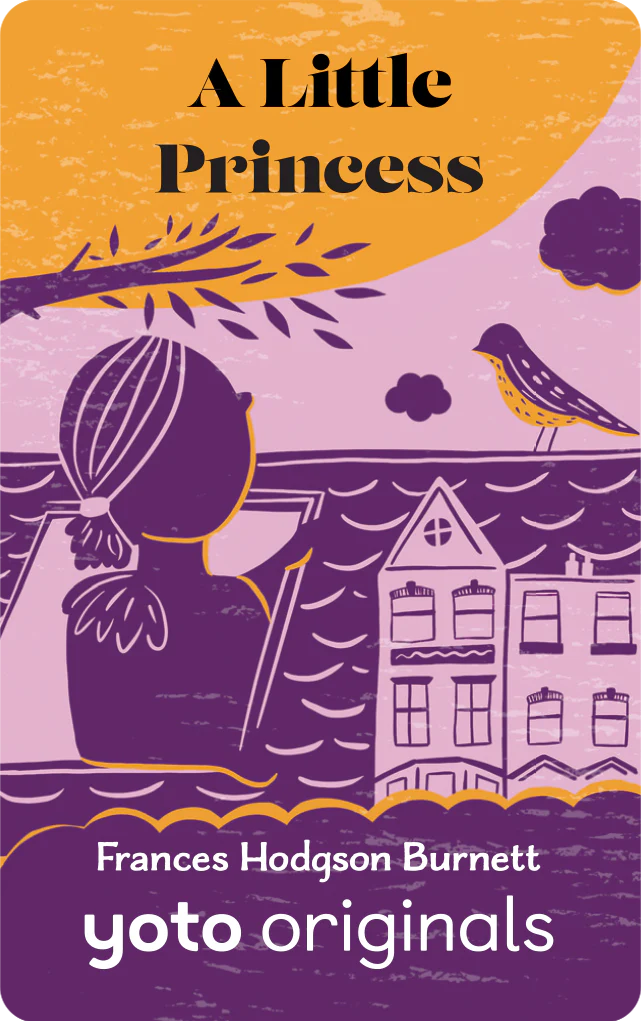 Illustration of a girl looking at a bird on a rooftop with the title A Little Princess by Frances Hodgson Burnett