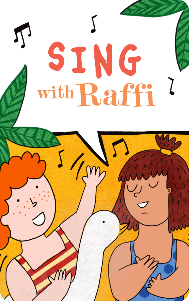 Illustration of two children singing happily with a white bird and music notes around a Sing with Raffi sign