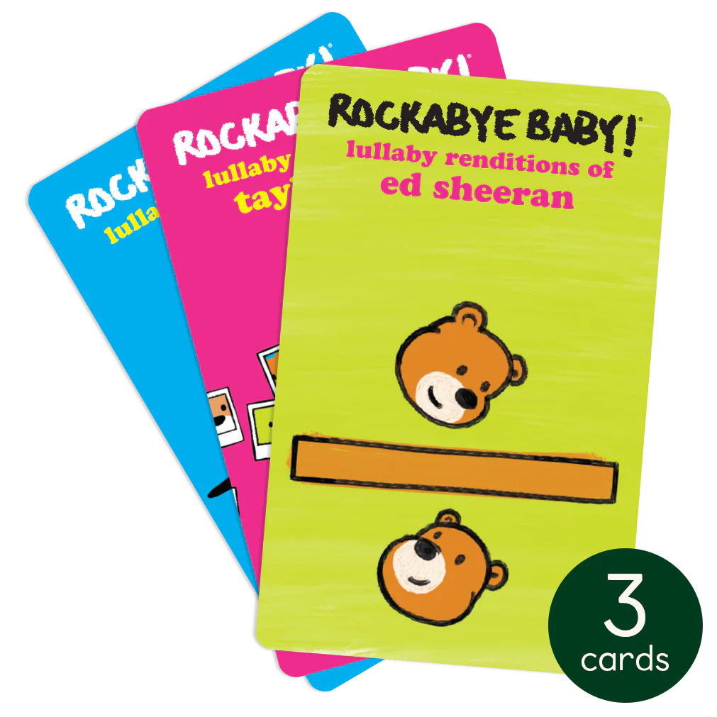 Three colorful lullaby music cards featuring teddy bears and titles for Ed Sheeran, Taylor Swift, and Beyonce songs