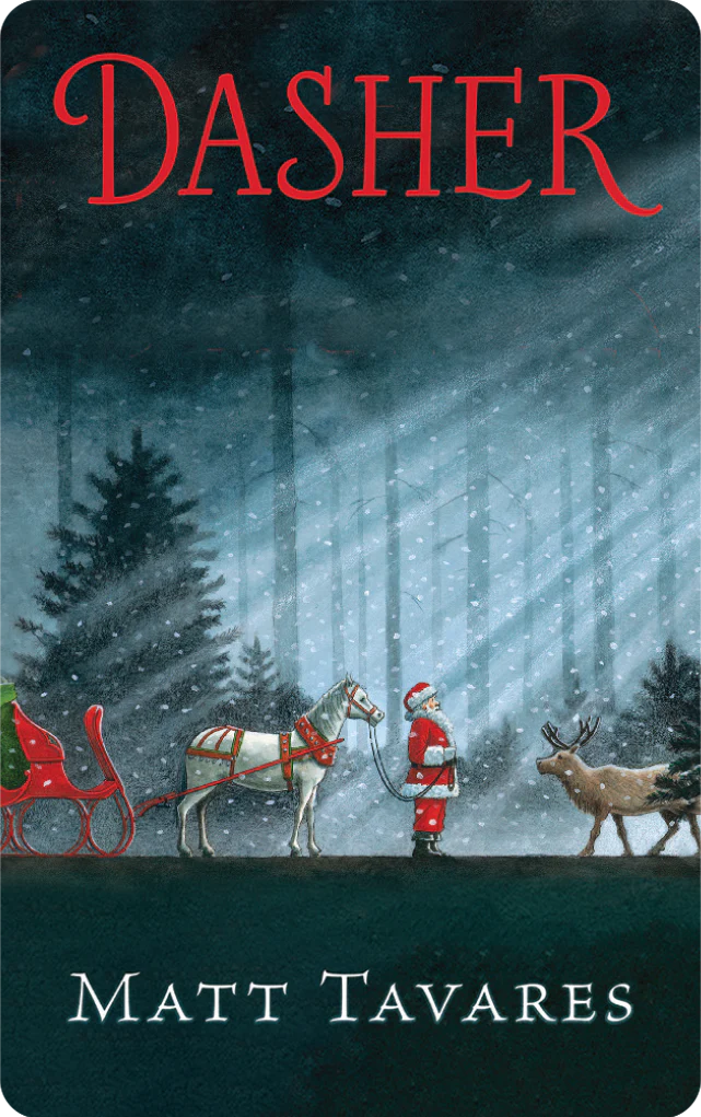 Santa in red suit with horse-drawn sleigh meeting reindeer in snowy forest under moonlit sky