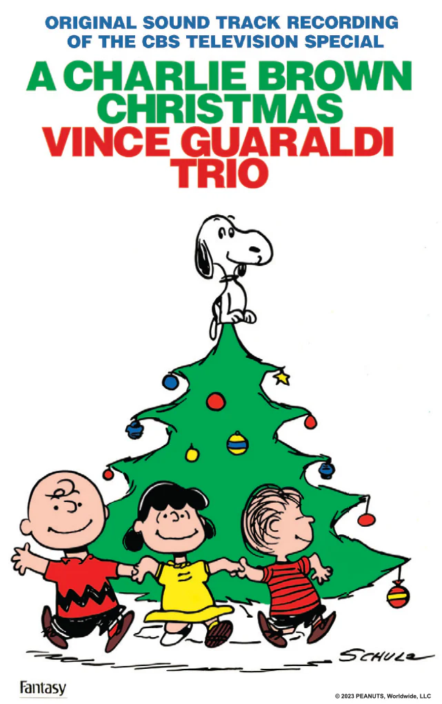 Snoopy on Christmas tree with Charlie Brown, Lucy, and Linus holding hands with holiday ornaments background