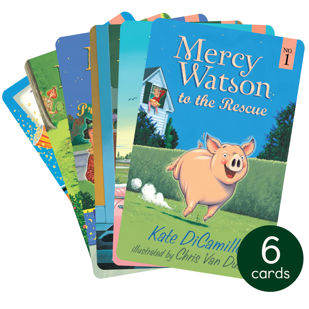 Six illustrated Mercy Watson story cards featuring the adventurous pig in colorful scenes for young readers ages 5 to 8.