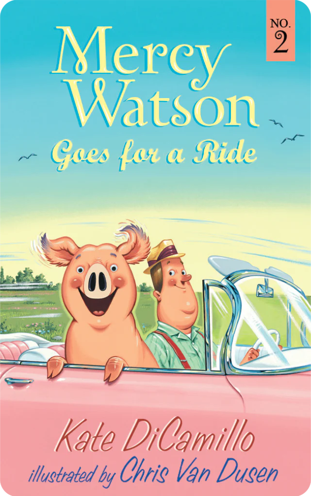 Illustration of Mercy Watson the happy pig and a man riding in a pink convertible car on a sunny day