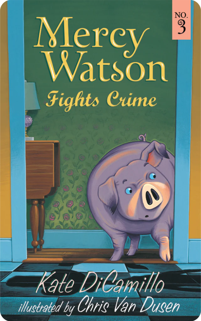 Illustration of Mercy Watson the pig peeking through a doorway in a cozy home setting from the book Mercy Watson Fights Crime