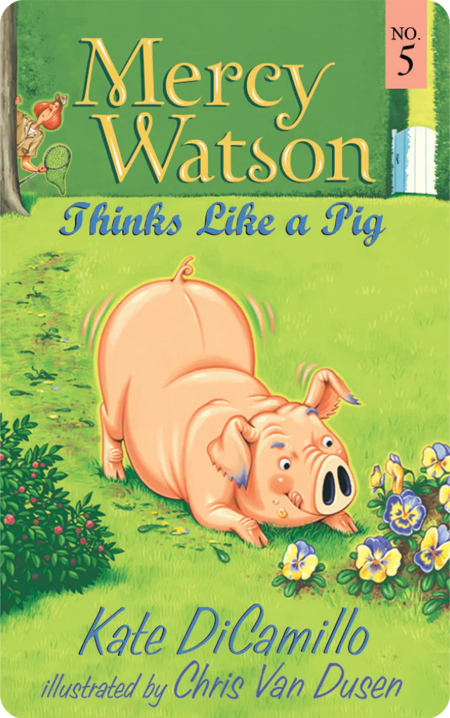 Illustration of Mercy Watson the pig sniffing flowers on grass in a colorful children’s book cover design