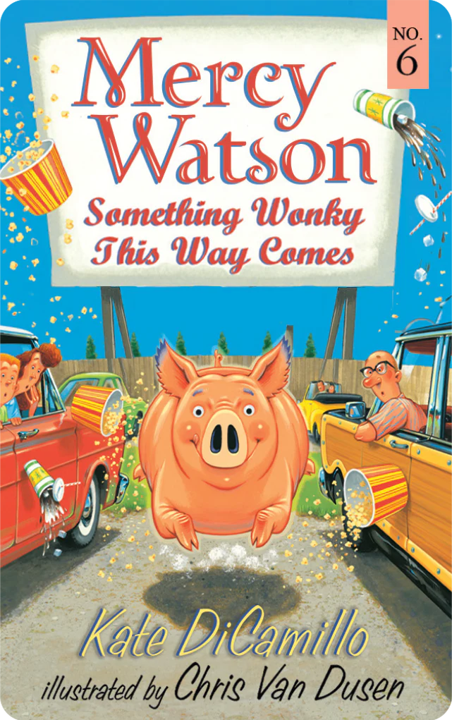 Illustration of Mercy Watson pig jumping between cars at a drive-in theater with popcorn and soda spilling around