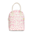 Zipper Lunch Bag | Tiny Hearts with pink heart pattern, organic cotton, water-resistant lining, and interior pocket for bottles.