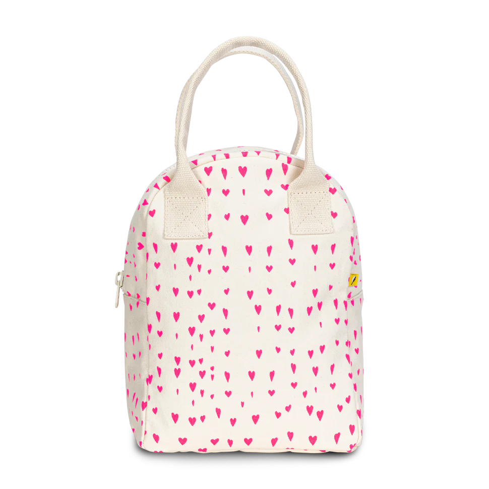 Zipper Lunch Bag | Tiny Hearts with pink heart pattern, organic cotton, water-resistant lining, and interior pocket for bottles.