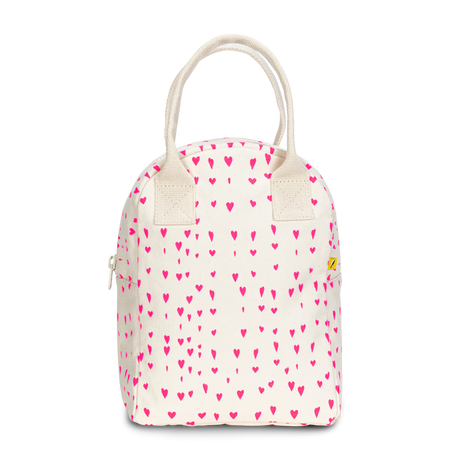 Zipper Lunch Bag | Tiny Hearts with pink heart pattern, organic cotton, water-resistant lining, and interior pocket for bottles.