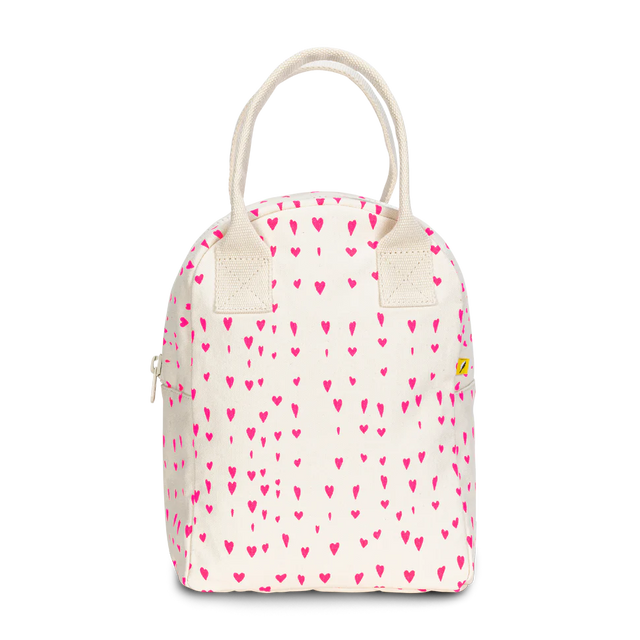 Zipper Lunch Bag | Tiny Hearts with pink heart pattern, organic cotton, water-resistant lining, and interior pocket for bottles.