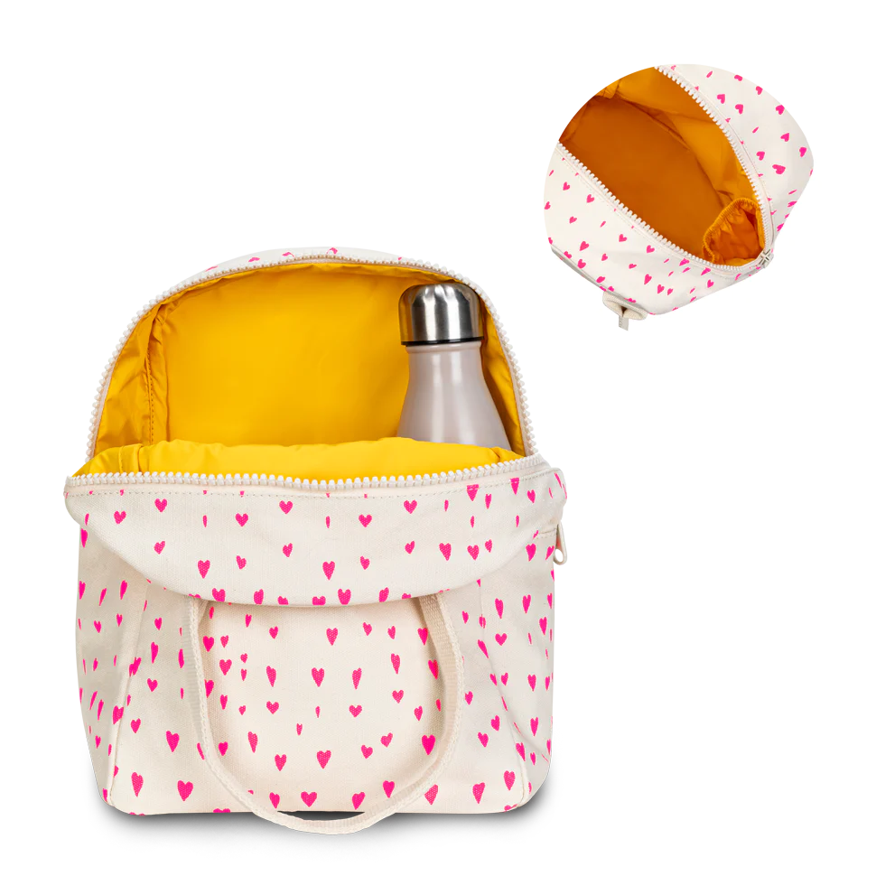 Zipper Lunch Bag | Tiny Hearts with pink heart print, water-resistant lining, interior pocket, and premium YKK zipper closure