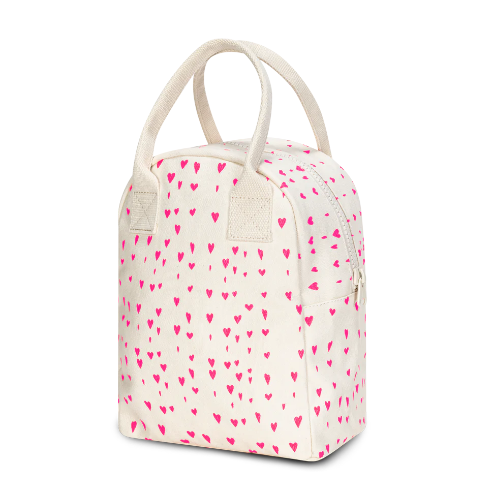 Zipper Lunch Bag | Tiny Hearts with pink heart pattern, organic cotton, water-resistant lining, and top handles.