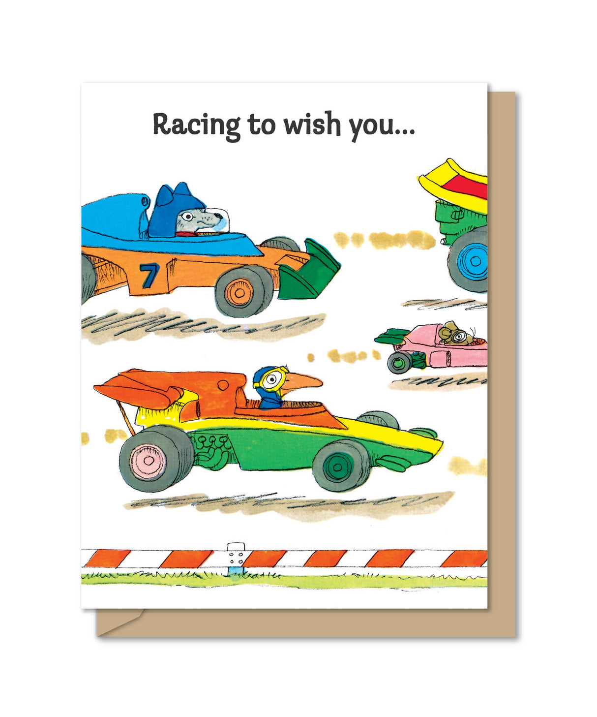 Whimsical racing cars with animal drivers on a colorful birthday greeting card saying Racing to wish you