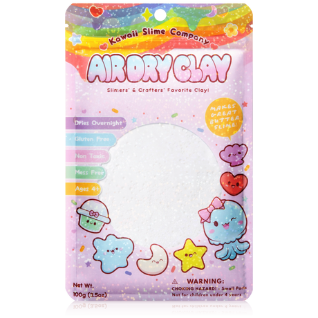 Air Dry Clay package featuring colorful kawaii designs, safe and non-toxic for crafting and slime making.