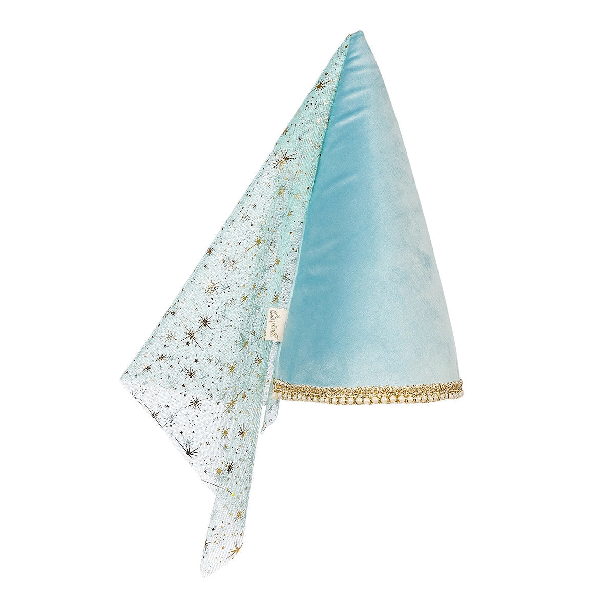 Sky-blue velvet medieval princess hat with sheer gold star veil, gold braid trim, and elastic chin strap for kids.