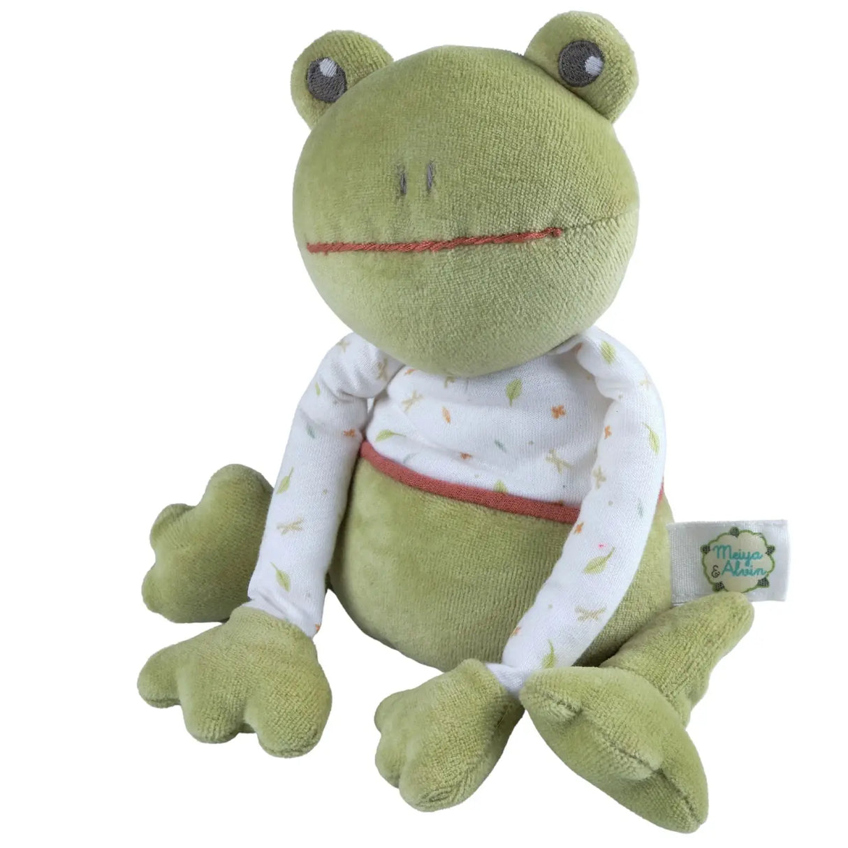 Organic Gemba the Frog plush toy made from soft, organic fabric with a long sleeve top for cuddly fun.