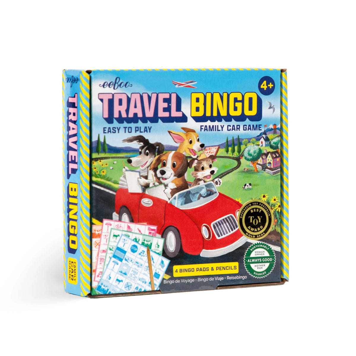 Travel Bingo game box featuring cartoon animals in a red car and travel bingo pads