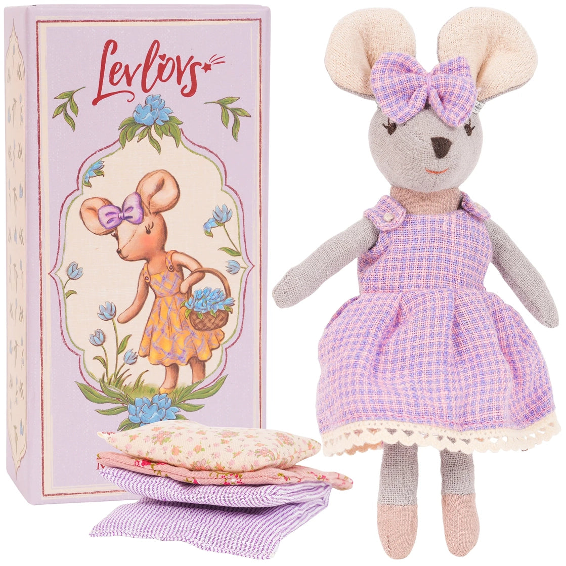 Handmade mouse doll in purple dress with bow, box, and bedding, perfect for gentle play or nursery decor.