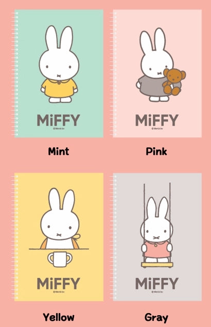 Four spiral notebooks with Miffy bunny illustrations on pastel mint, pink, yellow, and gray covers in various poses
