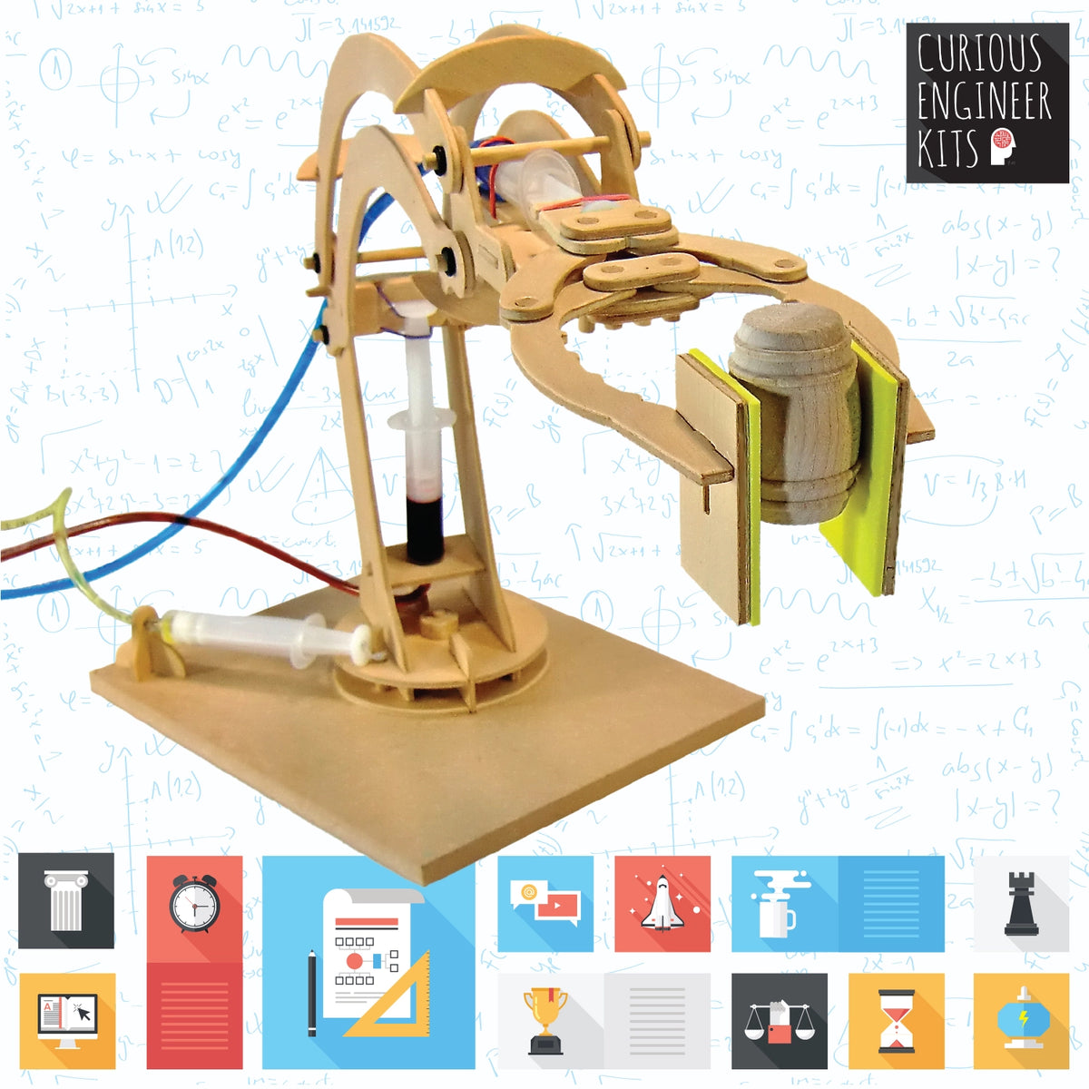 Make a Robotic Arm wooden model with articulated claw and hydraulic syringe mechanism