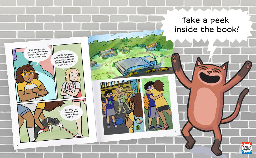 Wires Crossed book preview showing middle school scenes and friends with a cheerful cat inviting a peek inside.