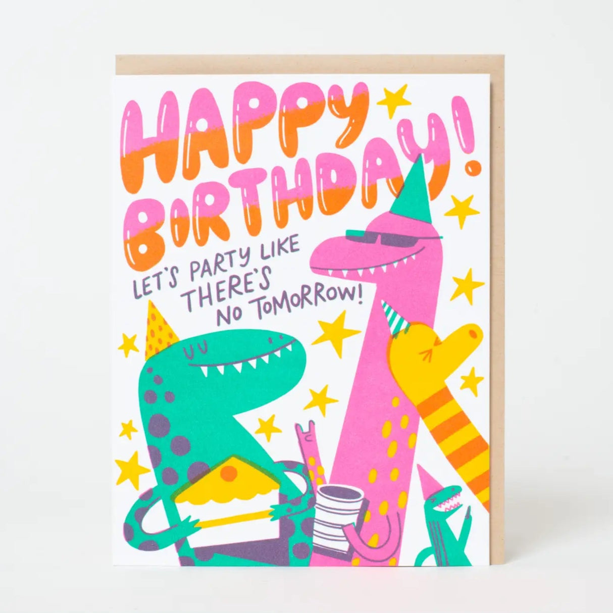 Dino Happy Birthday Party Card with colorful dinosaurs and festive hats celebrating with cake and drinks.