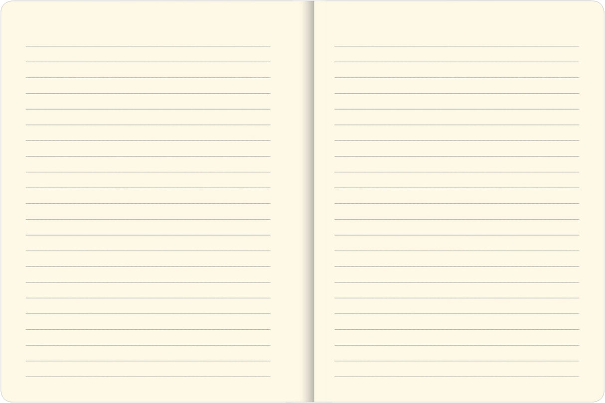 Open journal showing light gray lined cream pages for writing or sketching