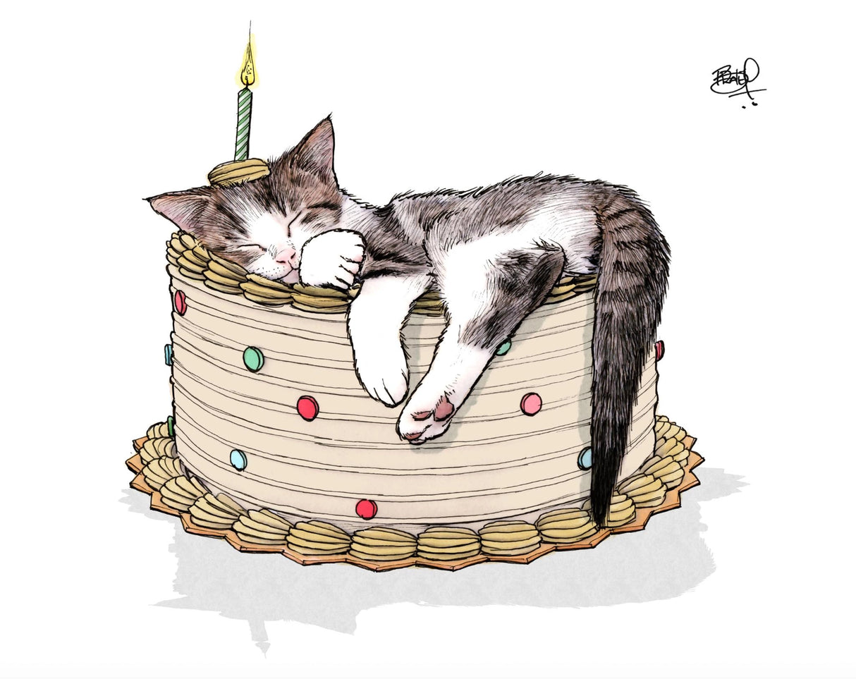 Cuddle Kitty Cake Card featuring a sleeping cat on a decorated birthday cake with a lit candle.