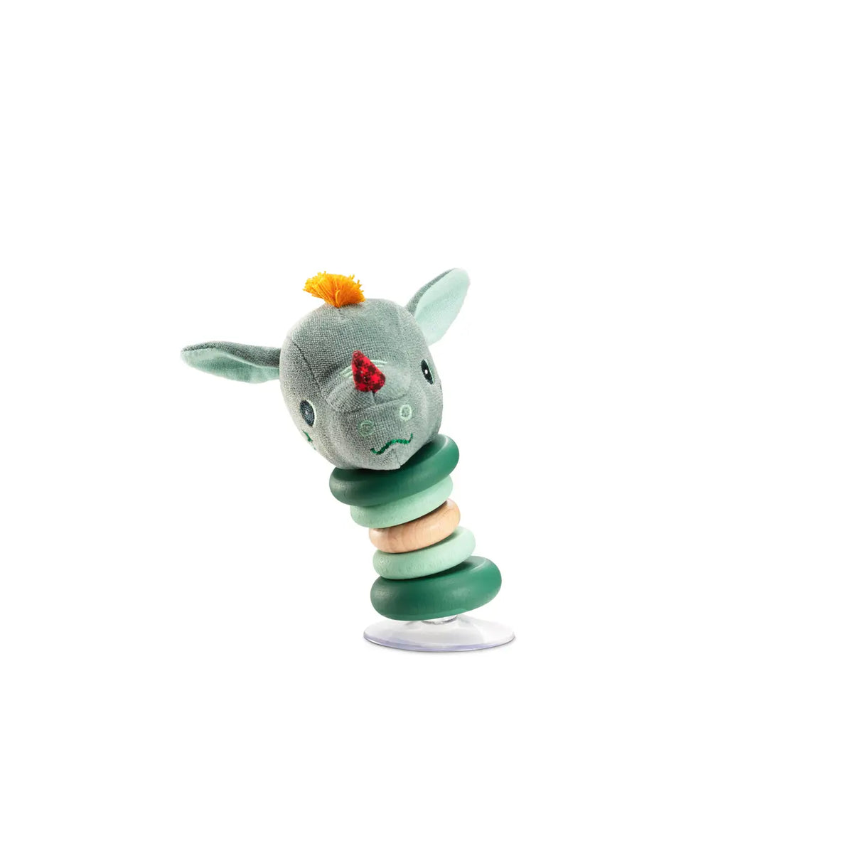 Swinging Rattle | Dragon Joe with soft head, colorful rings, and suction cup base for upright, all-direction swinging play.