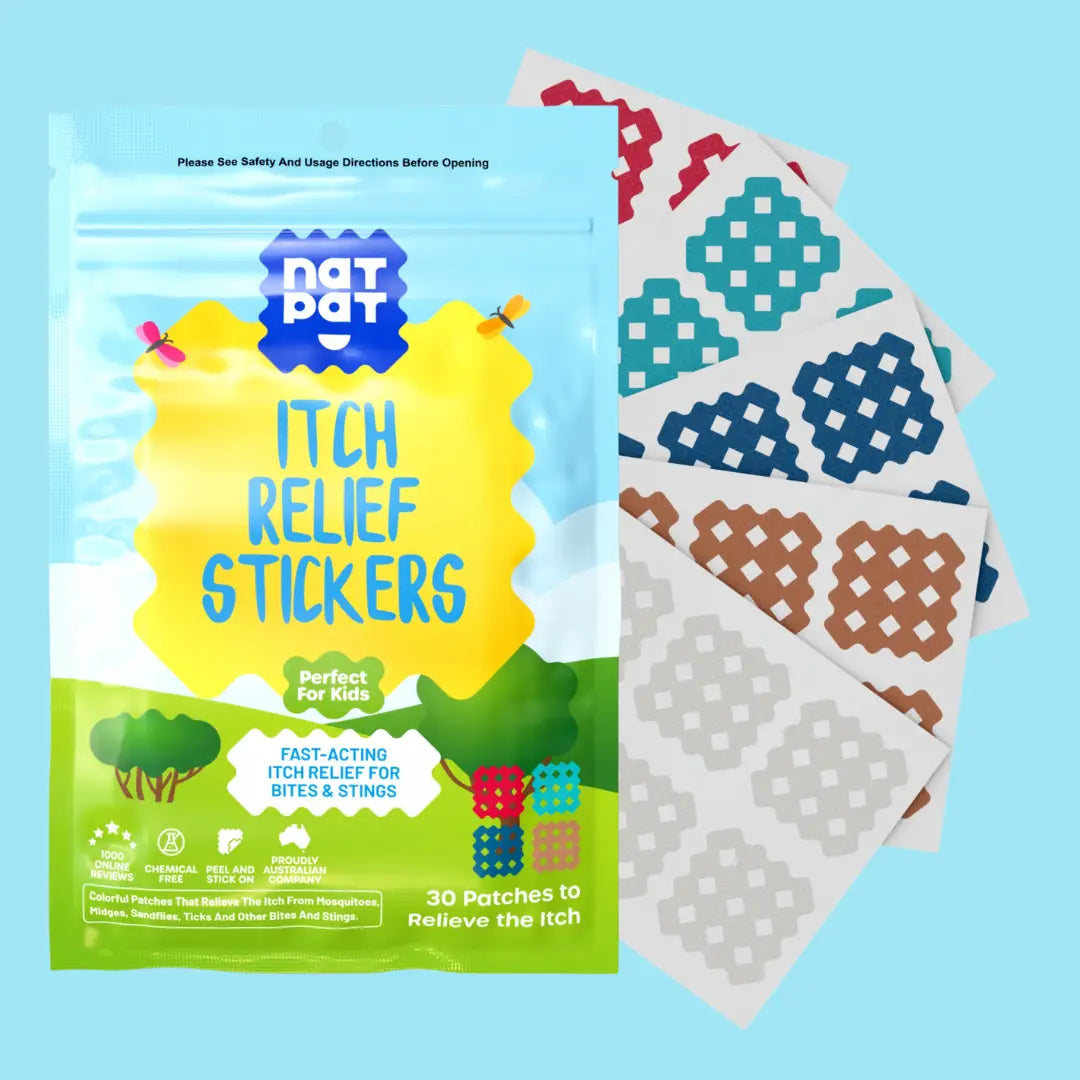 Natpat | Magicpatch Natural Itch Relief Stickers package with colorful itch relief patches for fast bite and sting relief.