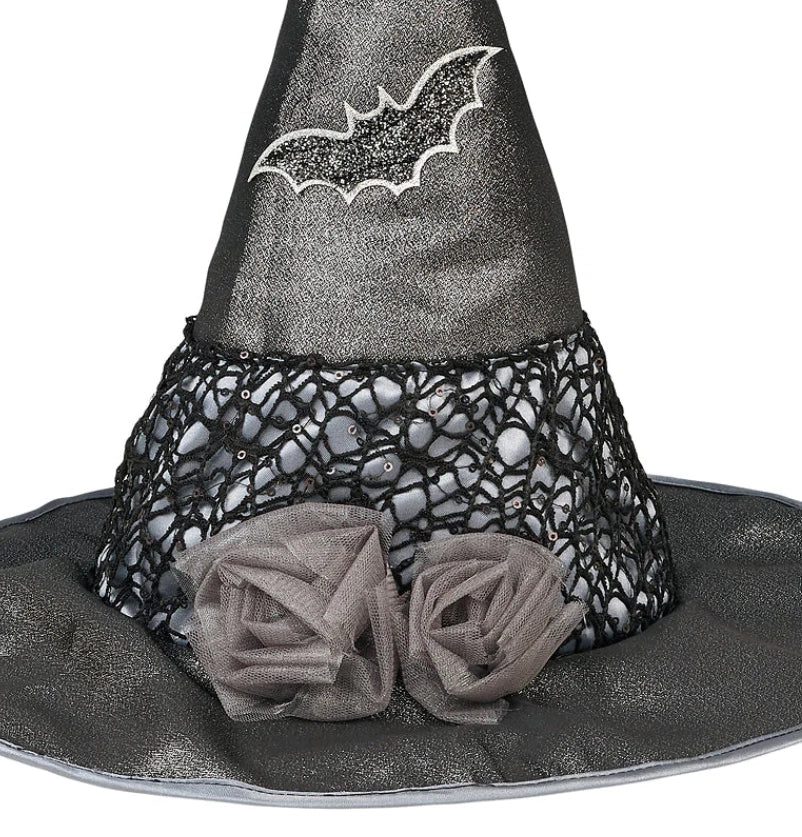 Black witch hat with lace band, two tulle flowers, and an embroidered bat for magical dress-up moments.