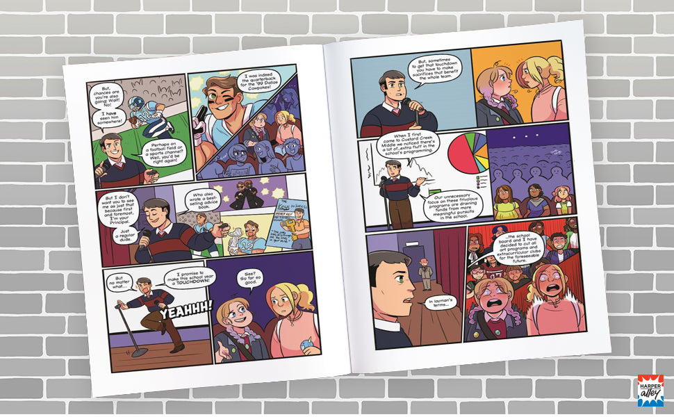 Open comic book pages showing colorful illustrations and characters from Club Kickout: Into the Ring story.