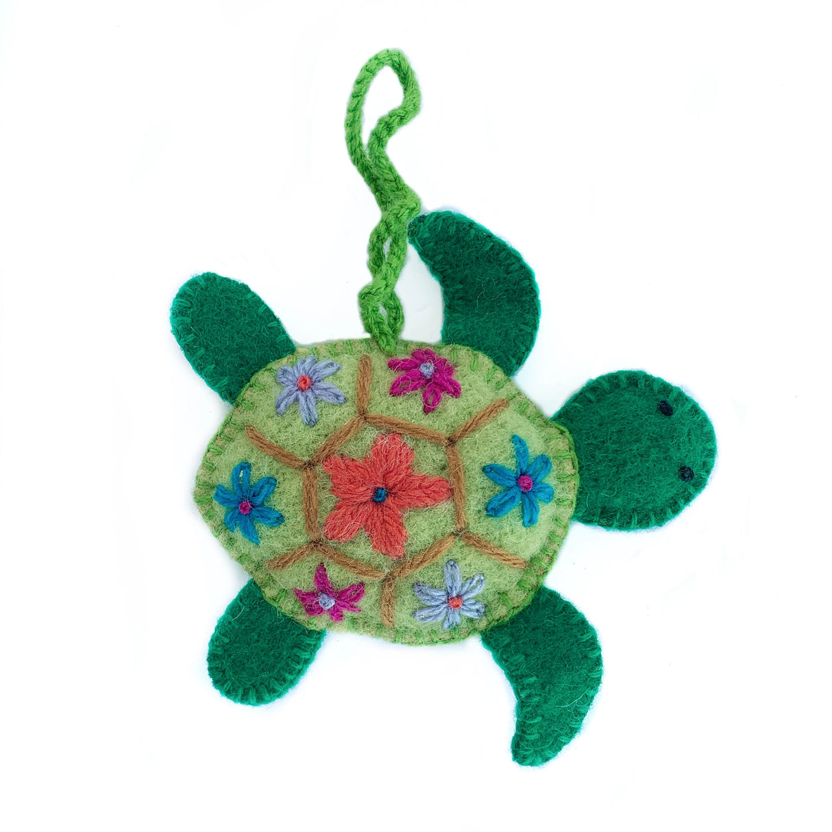 Handmade green felt sea turtle ornament with colorful floral embroidery and a hanging loop for holiday decor or gifting