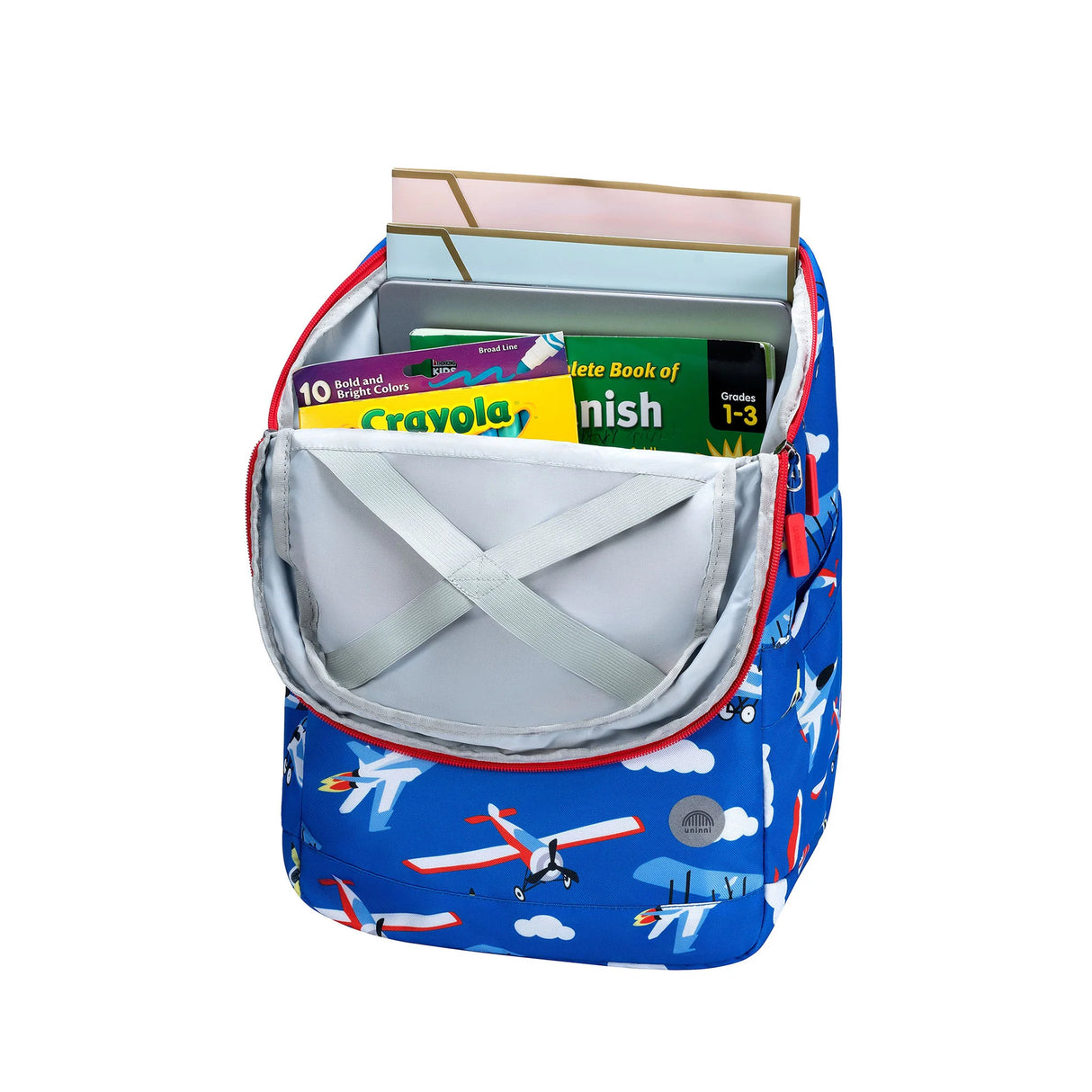 Backpack | Airplane open showing school supplies inside, kids backpack with airplane pattern and padded compartments.