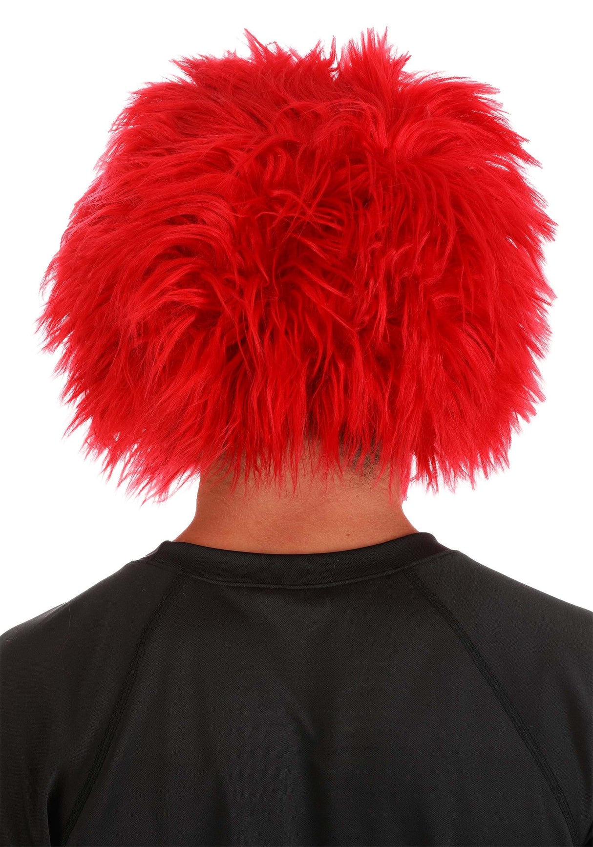 Back view of vibrant red furry The Muppet Show Animal Jawesome Hat worn by a person in black shirt