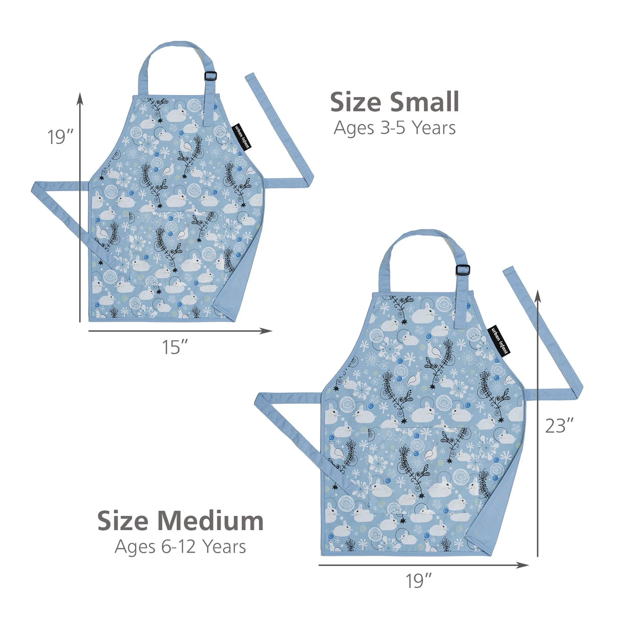 Little Helper Apron | Bunnies Medium in blue with bunny design, durable cotton, for kids ages 6-12, 19" x 23".