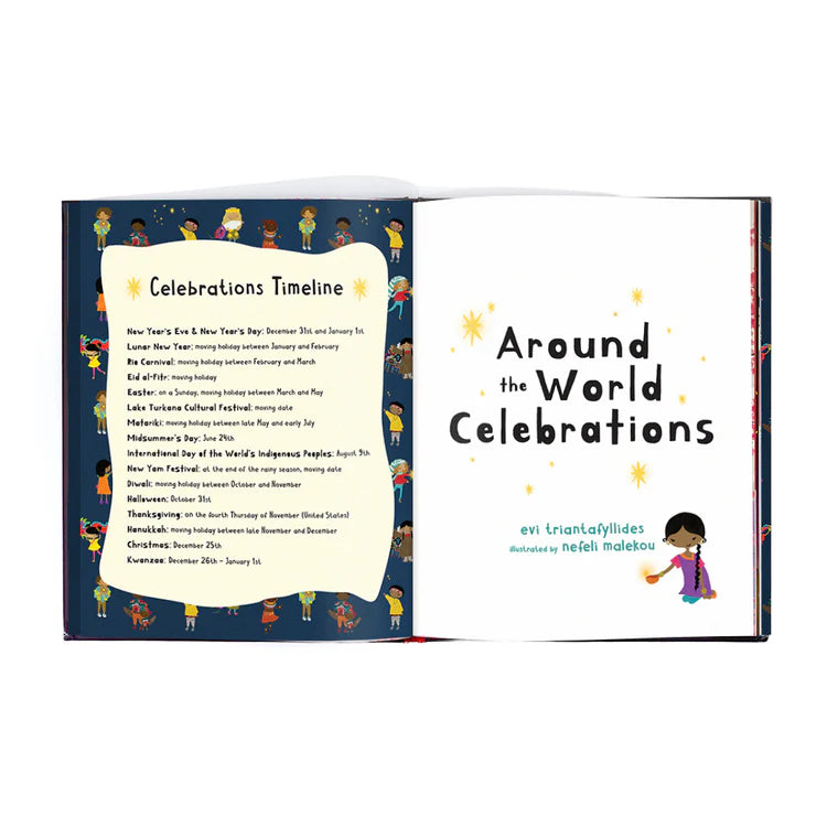 Open book with a list of "Celebrations Timelines" with common holidays and the date that they occur.