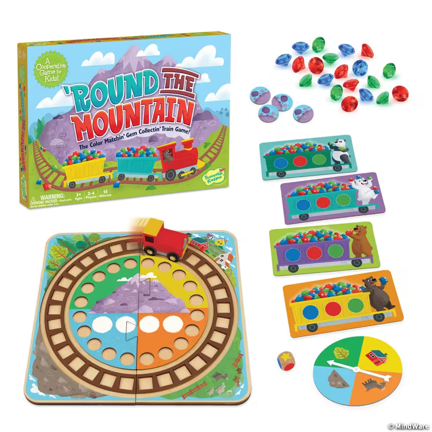 Round the Mountain board game with colorful train pieces cards marbles and mountain themed game board