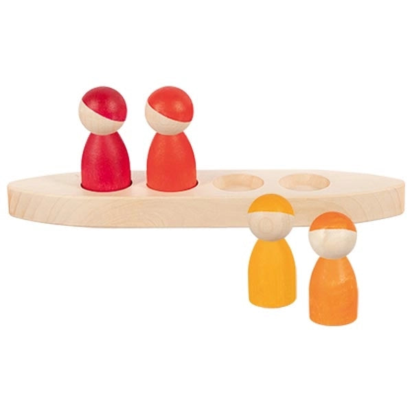 Wooden toy boat with four painted maple wood friends in red and orange for imaginative play and adventure.