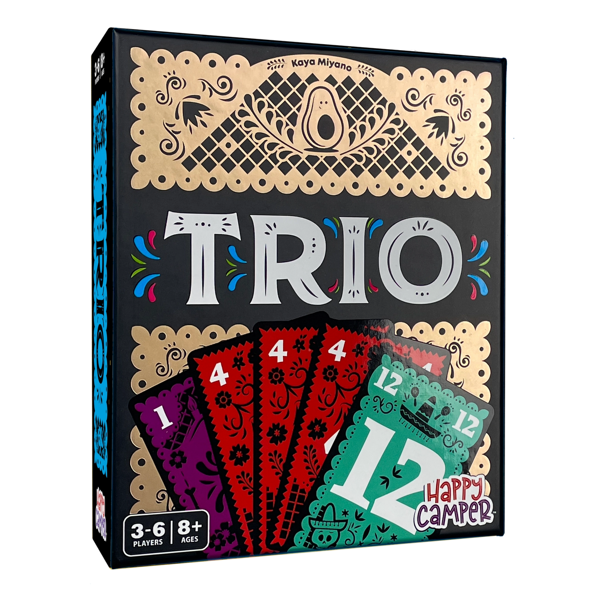 Trio card game box showing colorful cards and decorative design for 3-6 players aged 8 and up.
