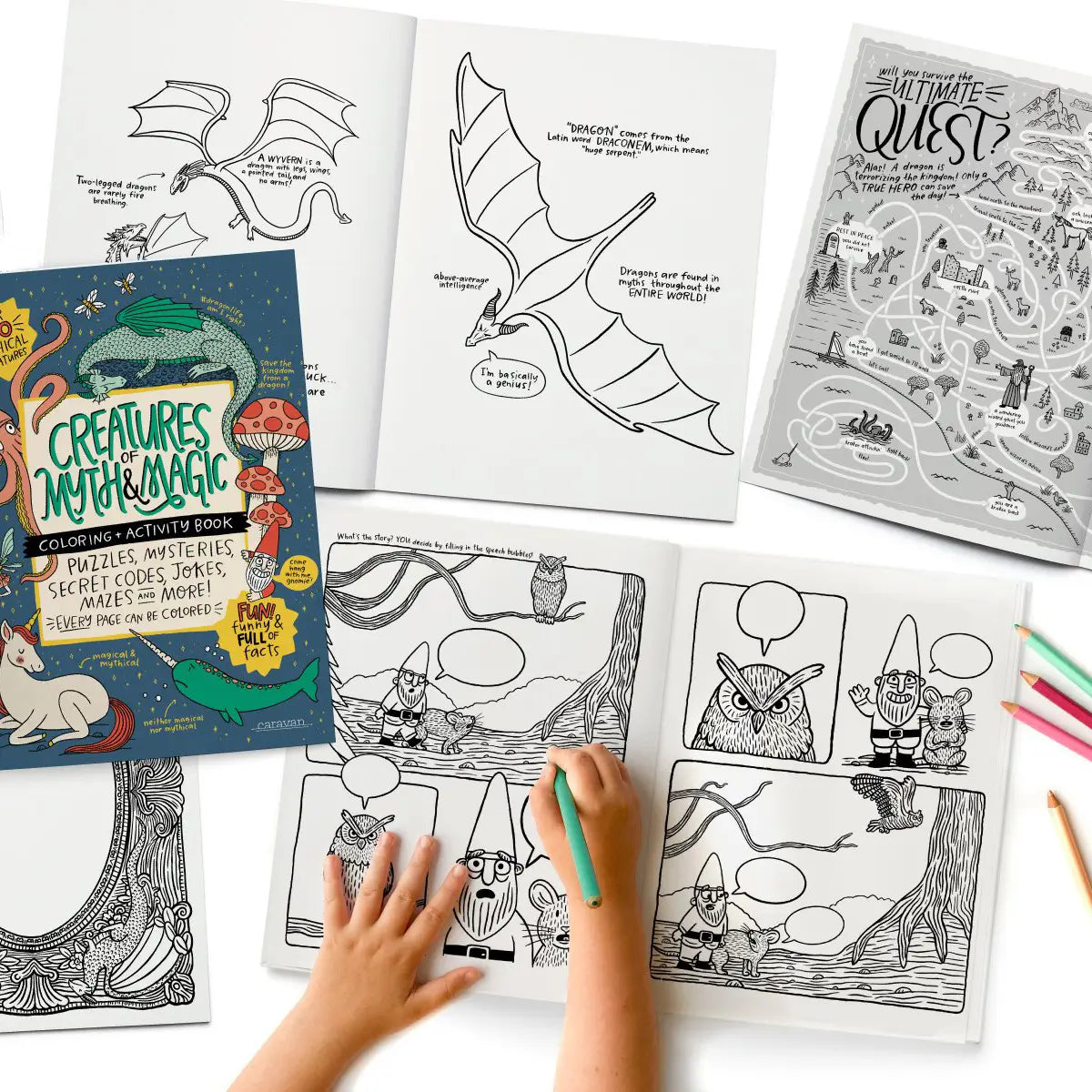 Child coloring fantasy creatures in a mythical and magical activity book with puzzles and illustrations