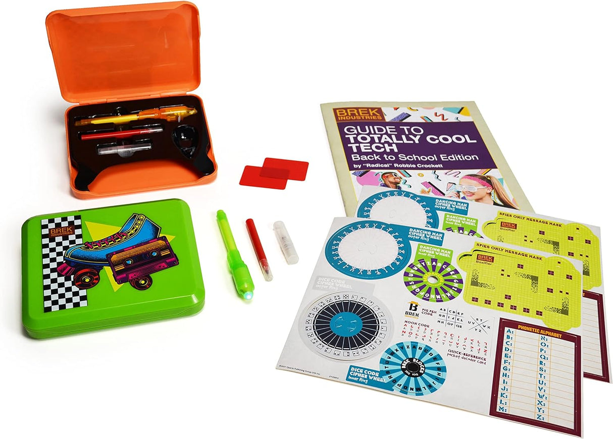 Children’s spy kit with secret message tools including UV pens, code wheels, red filters, and educational cipher guides.