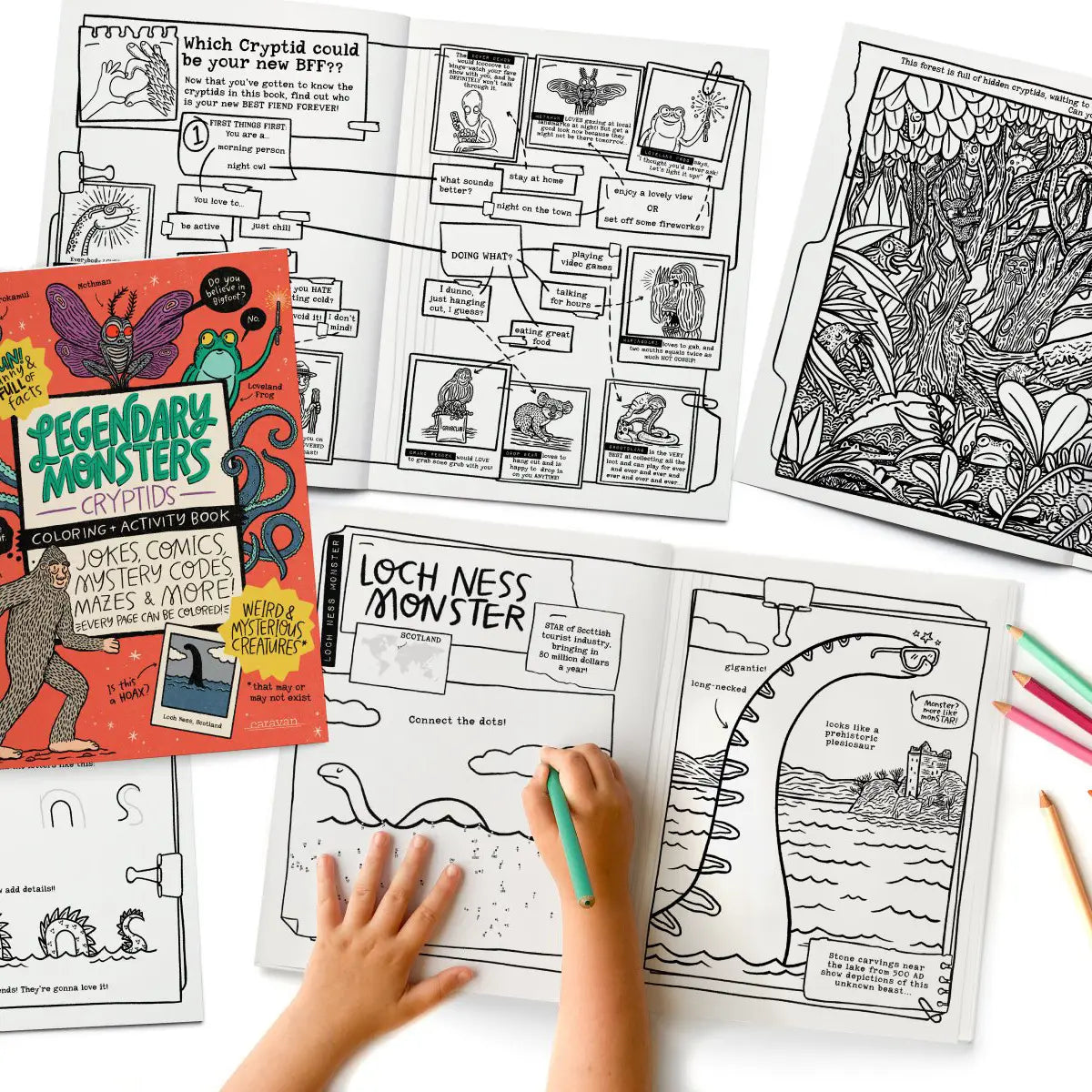 Child coloring Loch Ness Monster page in Legendary Monsters Cryptids activity and coloring book with puzzles and fun facts