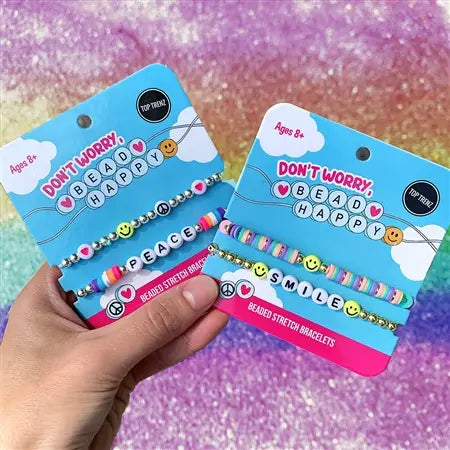 Don't Worry Bead Happy Bracelet set with colorful beaded stretch bracelets featuring peace and smile designs for ages 8+