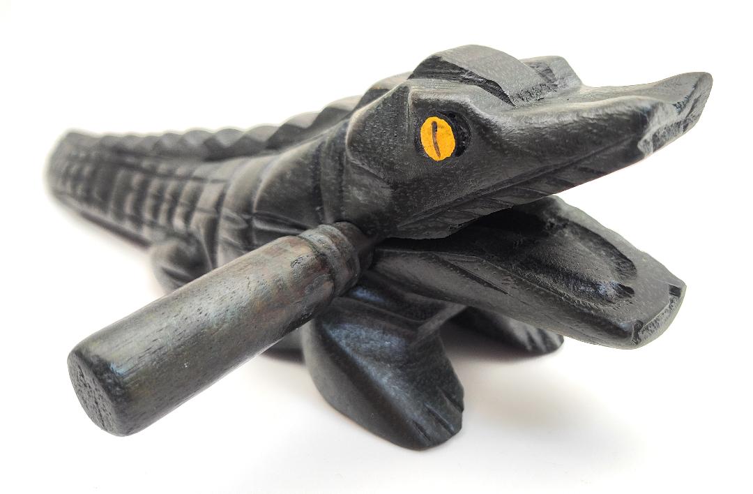 Wooden Croaking Alligator with dark green waxed finish and mallet, handcrafted Thai musical instrument drum rasp.