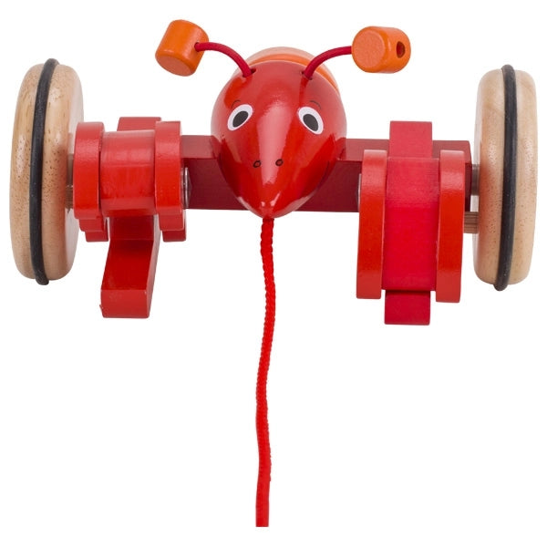 Wooden red lobster pull-along toy with moving claws and wheels designed for children’s play and seaside fun.